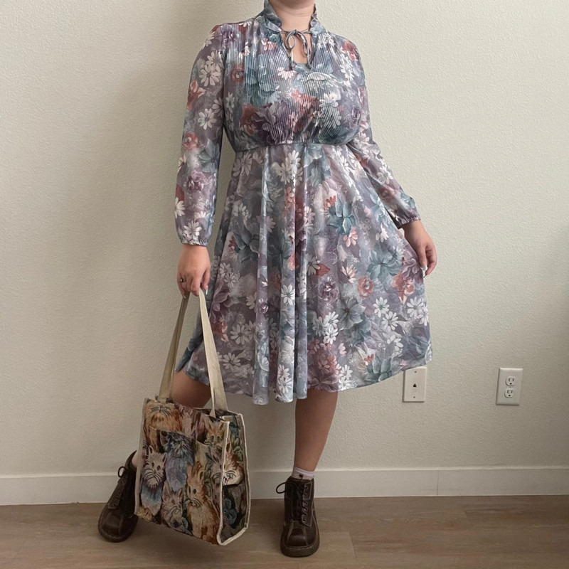 Vintage Floral Dress & Cat Tote